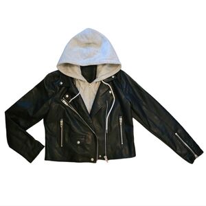 New BLANK NYC Black Vegan Leather Jacket with Removable Hoodie Size Large